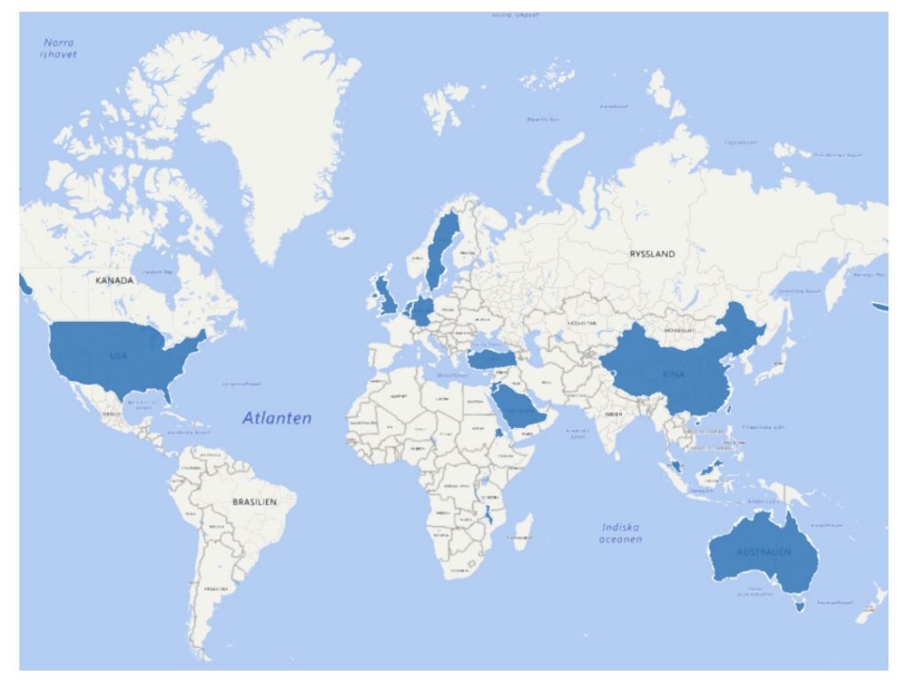 Världskarta med markering på de länder studien är gjort i: USA, Nederländerna, Taiwan, Turkiet, Israel, Tyskland, Belgien, Sverige, Australien, Cypern, Eritrea, Jordanien, Kina, Malawi, Malaysia, Saudiarabien, Skottland och Storbritannien.