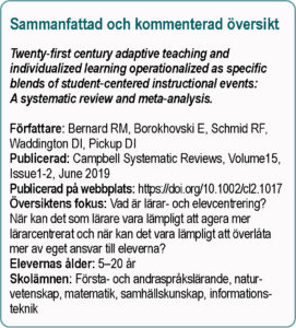 Faktaruta från sidan 4 i rapporten om den översikt som kommenteras: titel, publicering, fokus, elevernas ålder, skolämnen.