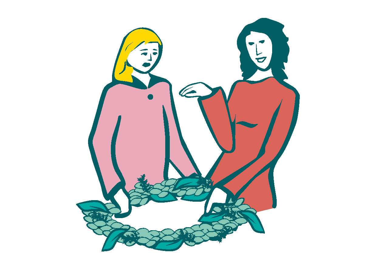 Illustration som visar två personer vid en blomsterkrans.