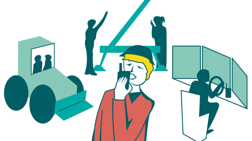 Illustration som visar en person som talar i walkie-talkie med elever vid olika stationer.