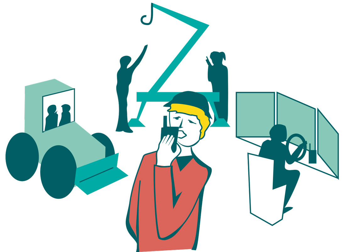 Illustration som visar en person som talar i walkie-talkie med elever vid olika stationer.